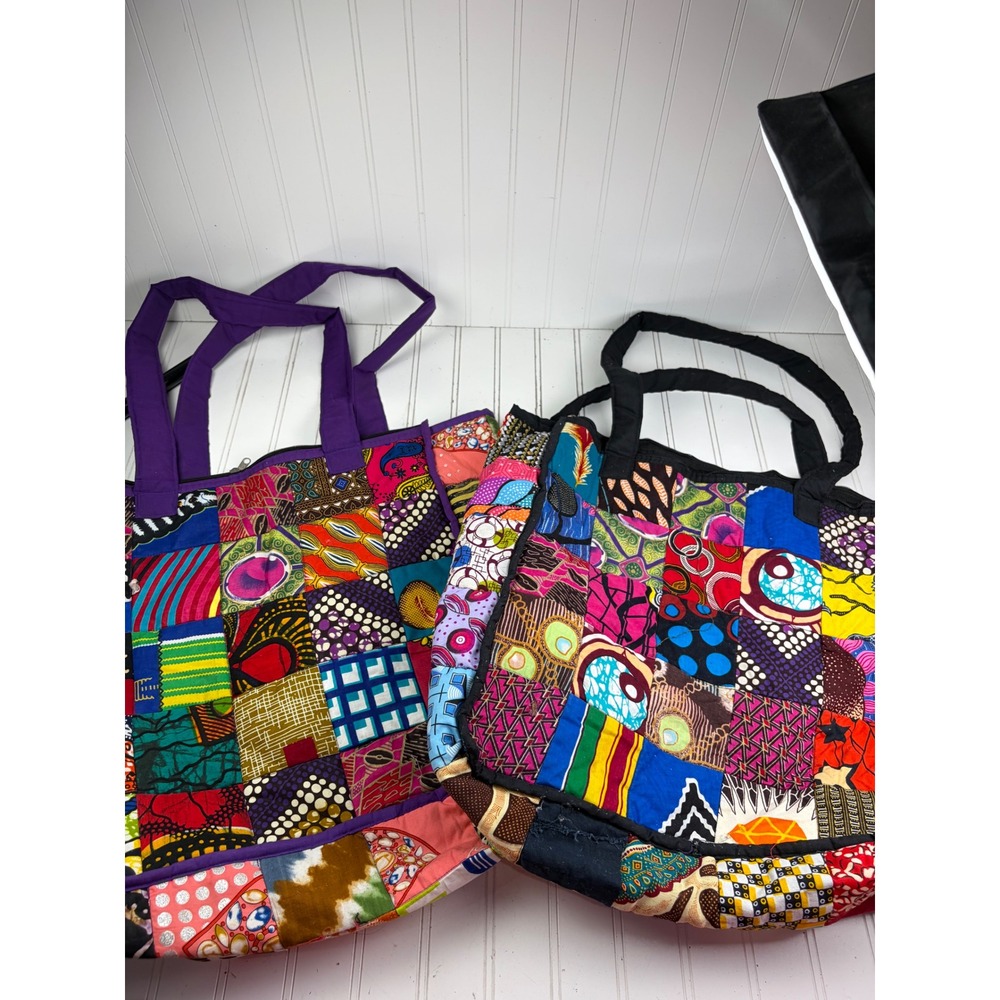 Vintage Handmade African Colorful Patchwork Boho Large Shoulder Bags Bundle of 2 - Picture 4 of 9